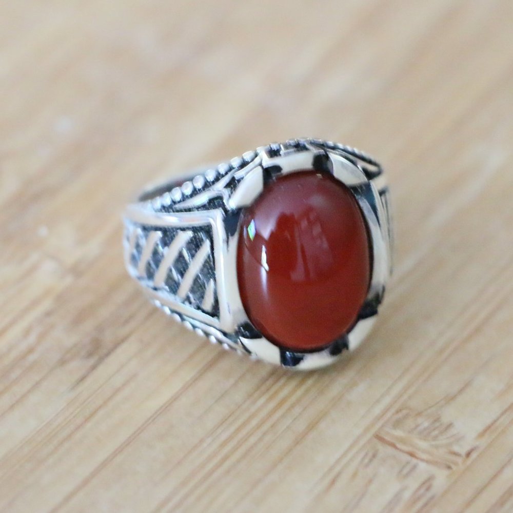 925 Sterling Silver Men's Ring Natural Red Agate - Picture 5 of 11